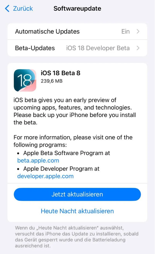 随州苹果手机维修分享苹果 iOS / iPadOS 18 开发者预览版 Beta 8 发布 